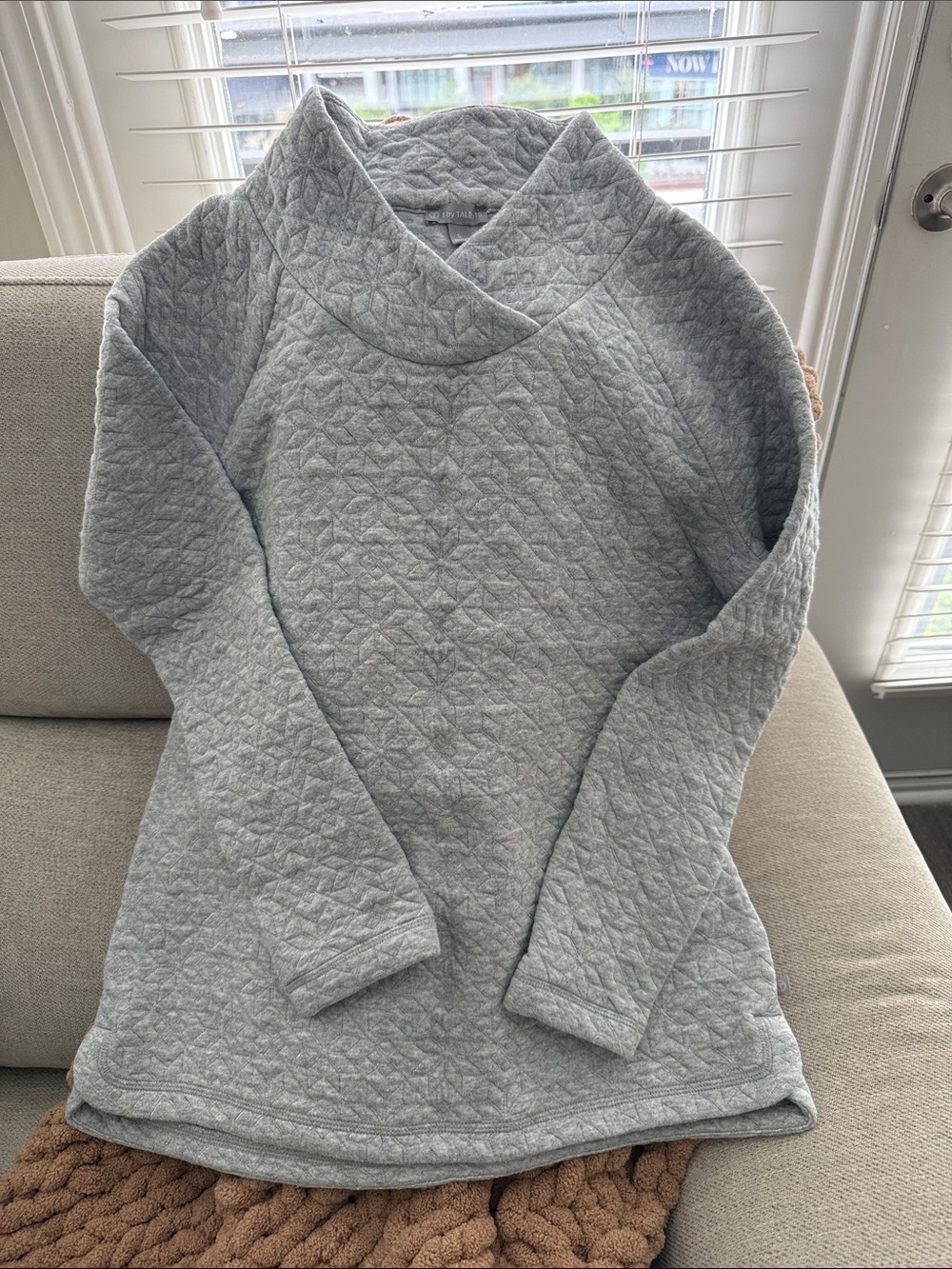 Talbot’s Cozy Quilted Funnel Neck Sweater - Light Gray with sparkled threads